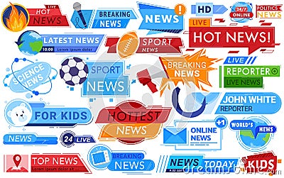 Top hot live news vector illustrations, cartoon flat mark labels set with latest report newspaper logo stamps design Vector Illustration