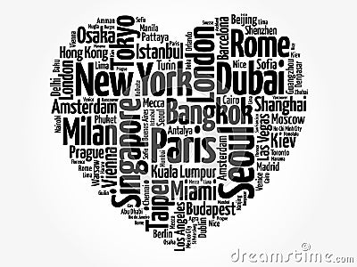 Top 100 International Tourist Destination Cities composed in love sign heart shape, word cloud collage Stock Photo