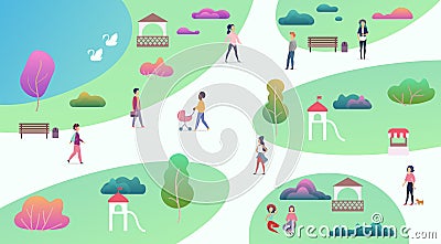 Top map view of various people at park walking and performing leisure outdoor sport activities. City park with lake Vector Illustration