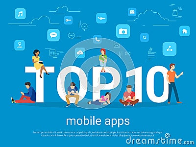 Top 10 mobile apps and people with gadgets using smartphones Vector Illustration