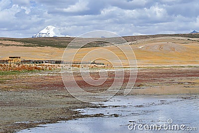 The top of mount Kailas from the side of Manasarovar lake. Tibet, China Stock Photo