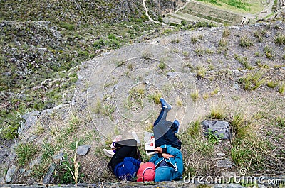 At the top of the mountain in the ruins of Ollantaytambo Stock Photo