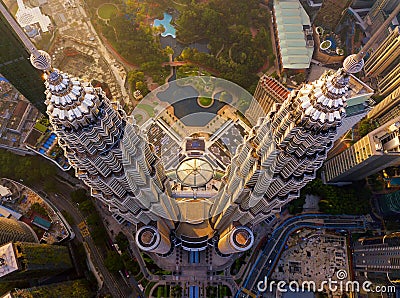 Top of Petronas Twin Towers. Aerial view of Kuala Lumpur Downtown, Malaysia. Financial district and business centers in smart Stock Photo