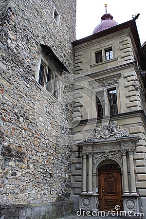 Top of Rathaus hall in Lucerne, Switzerland with the oldest city clock built by Hans Luter in 1535 Stock Photo