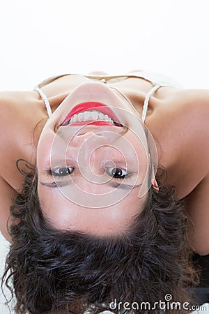 Rear view of pretty curly girl smile and beauty young woman Stock Photo