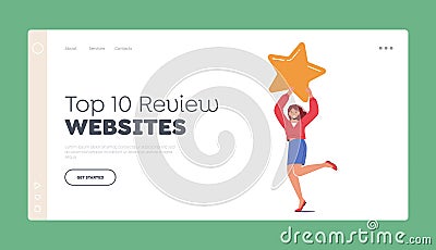 Top 10 Review Websites Landing Page Template. Client with Golden Star in Hands. Customer Feedback, Rating, Evaluation Vector Illustration