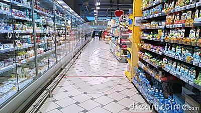 Top Russian Supermarket is one of largest players of retail industry in Russia. Rack systems. Shopping concept. Aisle. Grocery Editorial Stock Photo