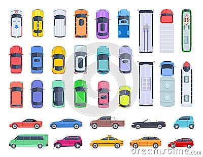 Top side view cars. Auto transport, truck and car roof of vehicle transport. Public and privat transport vector set Vector Illustration