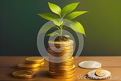Growing plant-on a pile of coins generated by ai Stock Photo