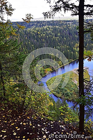 The top of the stone Usva Pillars rises 100 meters from the water level in the Usva River Stock Photo