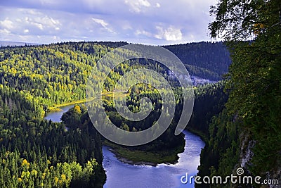 The top of the stone Usva Pillars rises 100 meters from the water level in the Usva River Stock Photo