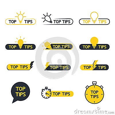 Top tips, helpful tricks, tooltip, hint for website. Set of tricks top tip solution, helpful advice text shapes. Vector icon of Vector Illustration