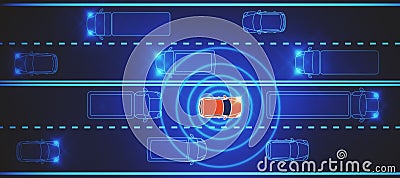 Top view of abstract red car on digital background. Location, traffic and navigation concept. 3D Rendering Stock Photo