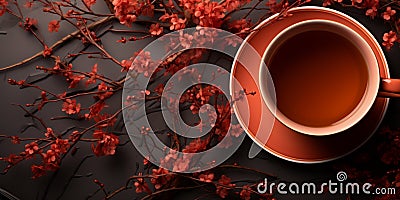 Top view, abstract rooibos tea - deep red with woody tones, background Stock Photo