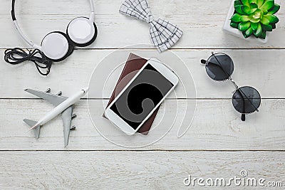 Top view accessoires to travel with man clothing. Stock Photo