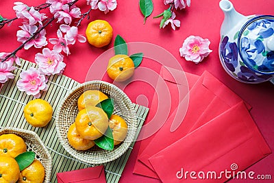 Top view accessories Chinese new year festival decorations. Stock Photo