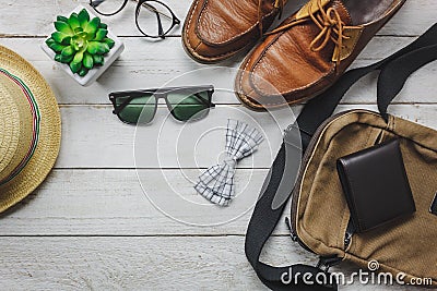 Top view accessories to travel with man clothing concept. Stock Photo