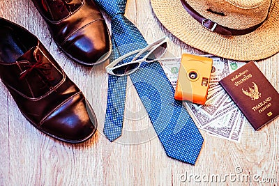 Top view accessories for travel on old wood Stock Photo