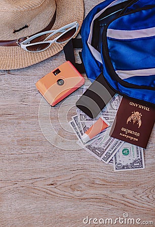 Top view accessories for travel on old wood, Stock Photo