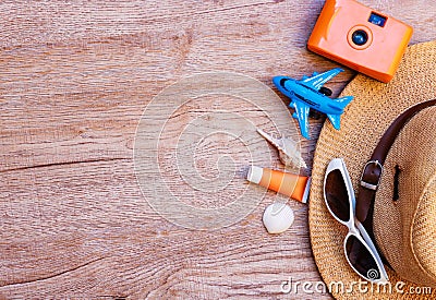 Top view accessories for travel on old wood, Stock Photo