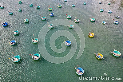 Top view. Aerial view fishing harbour from drone. image of basket boat at Mui Ne fishing harbour or fishing village. Fishing Stock Photo