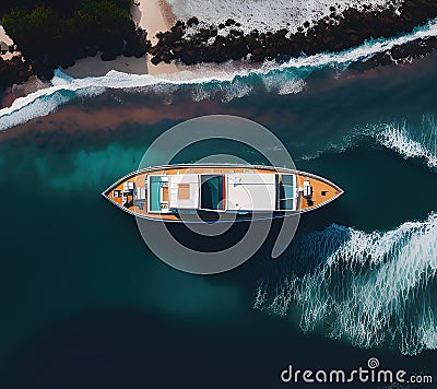Top view aerial shot of yacht at ocean coastline, generative ai Cartoon Illustration