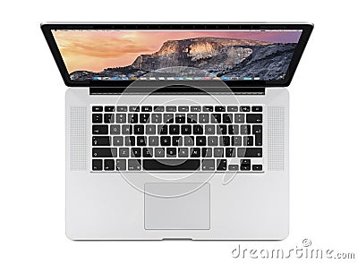 Top view of Apple 15 inch MacBook Pro Retina with OS X Yosemite Editorial Stock Photo