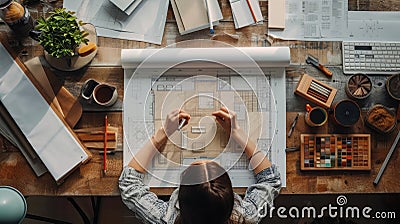 Top view of an architect drawing a sketch of a modern residential building. Workspace of a designer creating a project Stock Photo