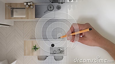 Top view, architect interior designer concept: hand drawing a design interior project and writing notes while the space becomes Stock Photo