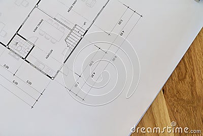 Top view of an architectural blueprint with black and white details on architect desk Stock Photo