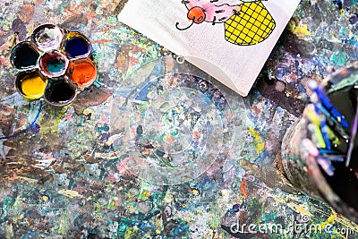 Top view,artistic tools on colourful table,drawing and palette,paintbrush to painting watercolor on canvas,learning,activity and Stock Photo