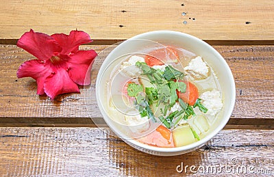 Top view asia soup and flower Stock Photo