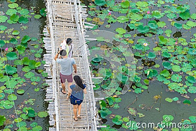Top view of Asian tourists enjoy walking on bamboo bridge over river with many lotuses. Happiness family spending time together Editorial Stock Photo