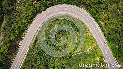 Asphalt road on the hill in Phetchabun province, Thailand. Aerial view from flying drone. Editorial Stock Photo
