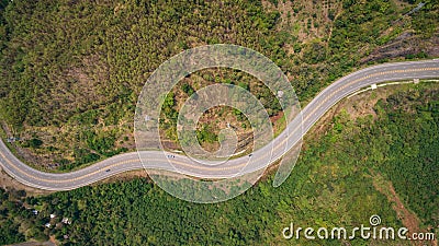 Asphalt road on the hill in Phetchabun province, Thailand. Aerial view from flying drone. Editorial Stock Photo