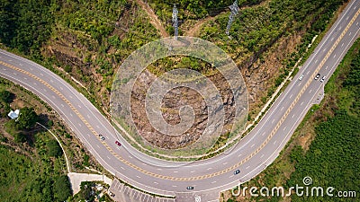 Asphalt road on the hill in Phetchabun province, Thailand. Aerial view from flying drone. Editorial Stock Photo