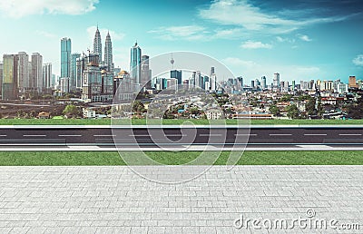 Top view asphalt road on noon scene near the modern city Stock Photo