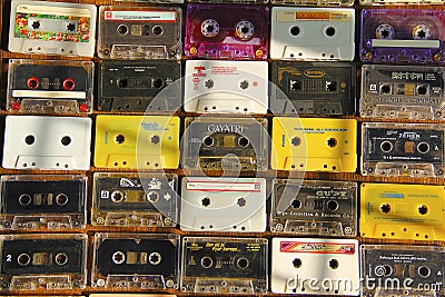 Top view of audio cassettes arranged in rows and columns Editorial Stock Photo