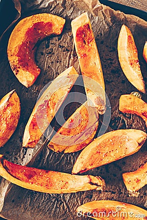 Top view of baked hokkaido pumpkin slices Stock Photo