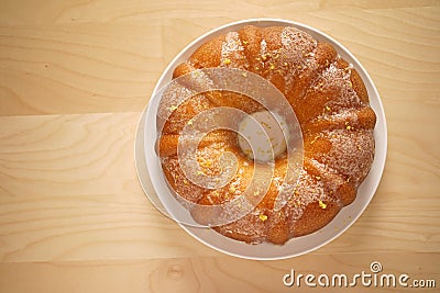 Top view of a baked round cake on the table Stock Photo