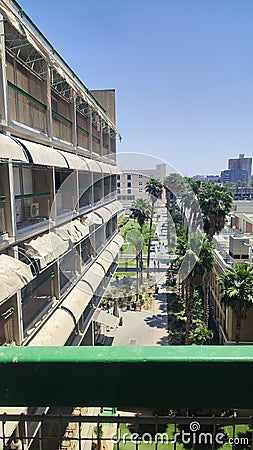 top view from the balcony on the city of Beer Sheva Negev Israel south of the country, parking, buildings, pigeons Editorial Stock Photo