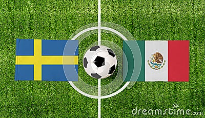 Top view ball with Sweden vs. Mexico flags match on green football field Stock Photo