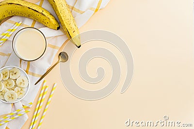 Top view of banana smoothie with straws and frui Stock Photo