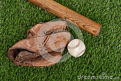 Top view baseball bat glove and ball Stock Photo