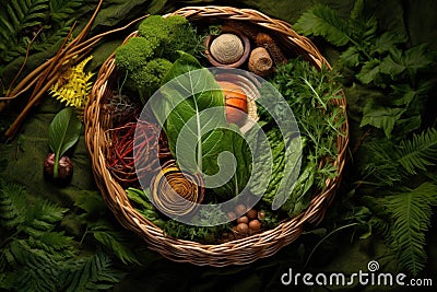 top view of a basket filled with wild edibles Stock Photo