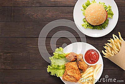 Top view bbq hamburger, french fries and fried chicken Stock Photo