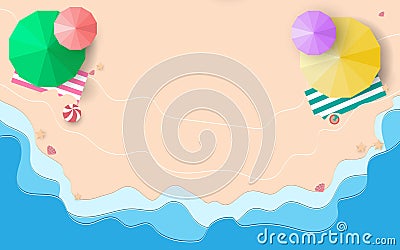 Top view of Beach sand and blue oceans with umbrellas, starfish background Vector Illustration