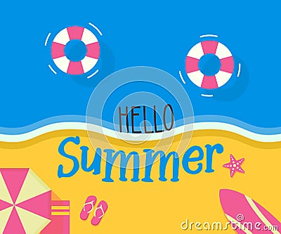 Top view of beach shore cheerful retro design with Hello Summer message. With summer objects. Vector illustration design Vector Illustration