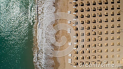 Top view of beach with straw umbrellas. Golden sands, Varna, Bulgaria Stock Photo