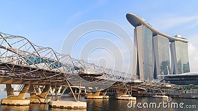 Top view beautiful Singapore city skyline with view of Helix bridge and Marina Bay Sands Hotel with park on background Editorial Stock Photo